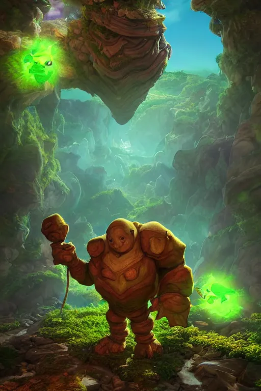 Image similar to arcane fantasy art giant golem elemental wood rock bastion forged gemstone enchanted forest troll, global illumination ray tracing hdr fanart arstation by sung choi and eric pfeiffer and gabriel garza and casper konefal lisa frank zbrush central hardmesh radiating a glowing aura