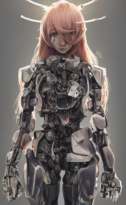 Prompt: a girl, fused mecha robot parts, vintage clothing, cyborg, anime style, long hair, hair down, symmetrical facial features, from arknights, hyper realistic, 4 k, rule of thirds, extreme detail, detailed drawing, trending artstation, hd, d & d, realistic lighting, by alphonse mucha, greg rutkowski, sharp focus, backlit