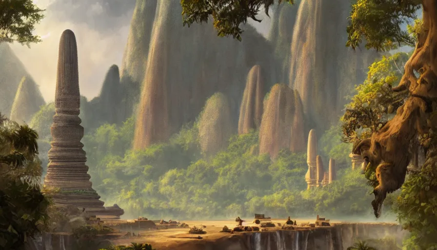 Prompt: ! dream matte painting of beautiful landscape of sukhothai, digital art trending on artstation, elegant, loin cloth, highly detailed, oil painting, artstation, concept art, matte, sharp focus, illustration, hearthstone, art by earl norem