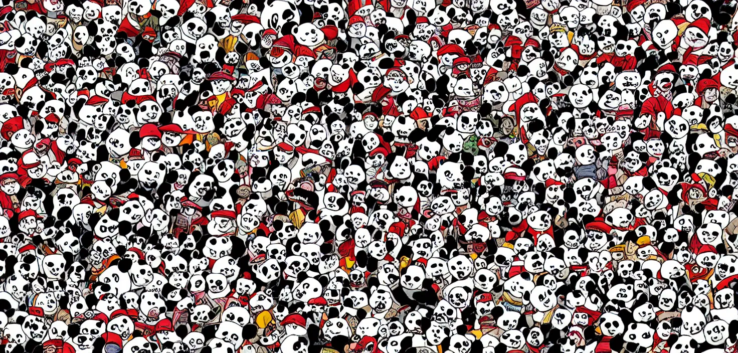 Prompt: a where's Wally challenge but with pandas, comic book style