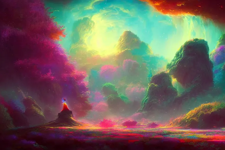 Image similar to a psychedelic realm at the edge of the known universe, astral beings sharing love!!!!, in the style of greg rutkowski! and wlop and lisa frank! and bob ross!!! and ruan jia, illustration, epic, fantasy, hyper detailed, smooth, unreal engine, sharp focus, ray tracing