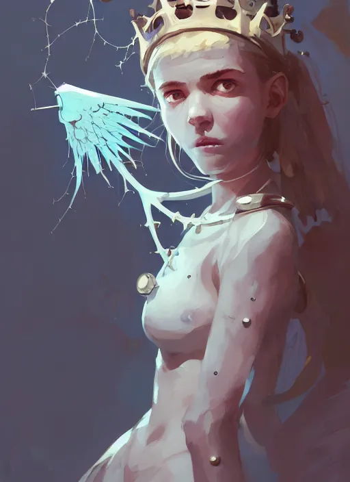 Image similar to portrait of cute angel maiden girl with crown of thorns and white short hairs, warhammer, cyberpunk, by atey ghailan, by greg rutkowski, by greg tocchini, by james gilleard, by joe gb fenton, by kaethe butcher, dynamic lighting, gradient light blue, brown, blonde cream and white color in scheme, grunge aesthetic