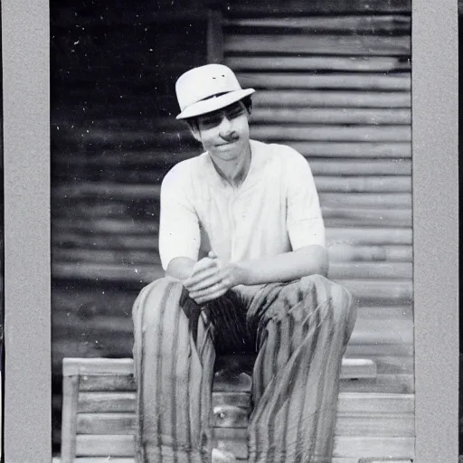 Image similar to photograph of a young man with a backward hat sitting on outdoor wooden bleachers next to a radio