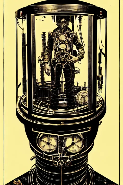 Image similar to steampunk cryo chamber containing a man high details, intricately detailed, by vincent di fate, inking, 3 color screen print, masterpiece, trending on artstation,, sharp, details, hyper - detailed, hd, 4 k, 8 k