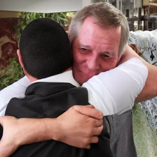 Image similar to a very tall middle aged white man hugging a very short young latino man