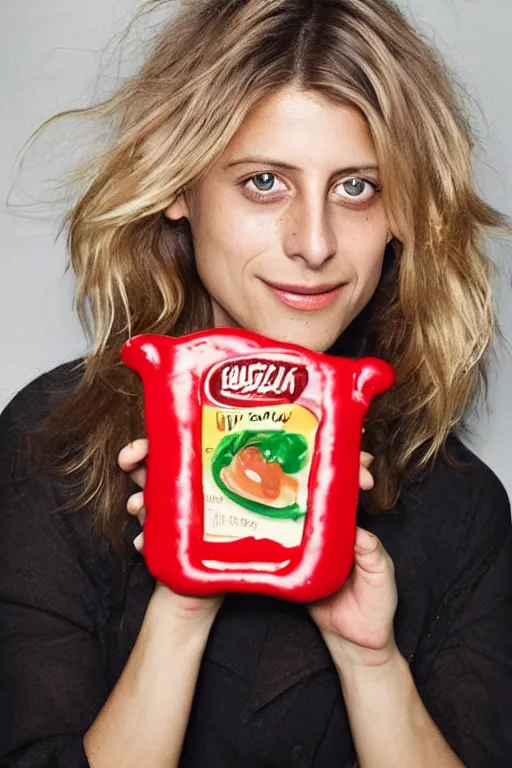 Prompt: melanie laurent made out of ketchup, ketchup in the shape of a human being, professional food photography