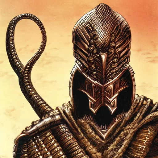 Image similar to serpent - man warlord wearing bronze age plate armor, horrific background symmetrical, zoom out, high quality, high definition, 8 k, photograph photorealistic by frank frazetta