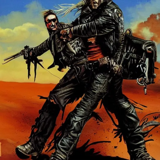 Prompt: mad max painted in the style of simon bisley