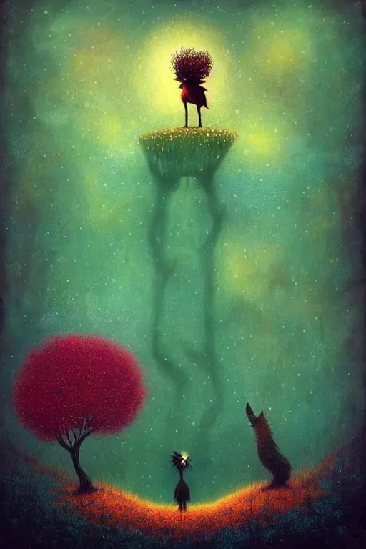 Image similar to surreal hybrid animals, nostalgia for a fairytale, magic realism, flowerpunk, mysterious, vivid colors, by andy kehoe