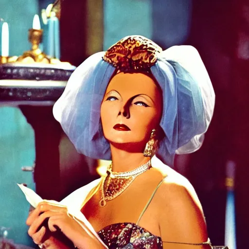 Prompt: Cinematic technicolor still of Greta Garbo as Tosca in the 1959 film by George Cukor