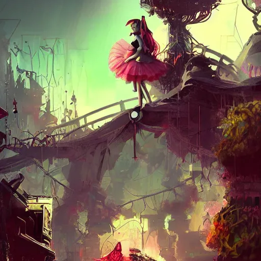 Prompt: Alice in Wonderland cyberpunk, artstation, realistic, environments