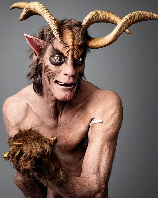 Prompt: actor Roddy McDowell in Elaborate Pan Satyr Goat Man Makeup and prosthetics designed by Rick Baker, Hyperreal, Head Shots Photographed in the Style of Annie Leibovitz, Studio Lighting