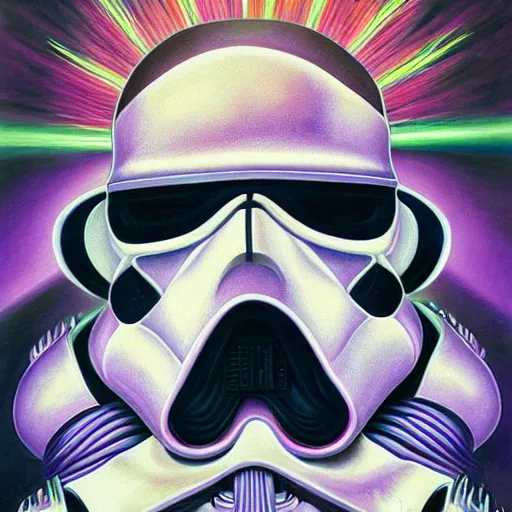 Prompt: Painting of a Stromtrooper designed by alex grey, flooko, etheral, detailed, glows,