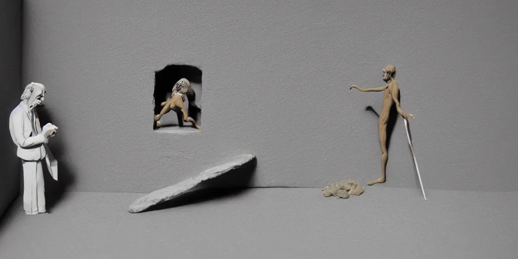 Prompt: plasticine sculpture model of stop motion salvador dali. figures clay. minimal. tilt shift. fish tank. gallery. visitors. photorealistic. john craxton. small hole in wall