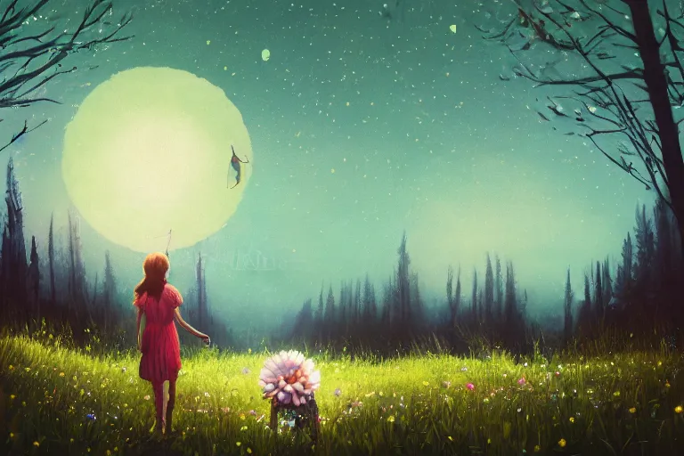 Image similar to giant bunch of daisy flowers head, girl walking in dark forest, surreal photography, dark night, stars, moon light, impressionist painting, clouds, digital painting, artstation, simon stalenhag