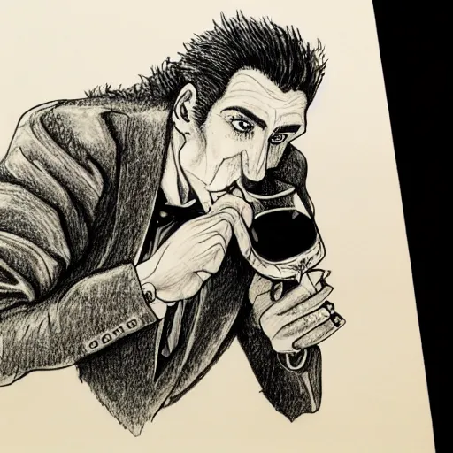 Prompt: a realistic and detailed pen drawing of a vampire drinking a glass of wine in their castle
