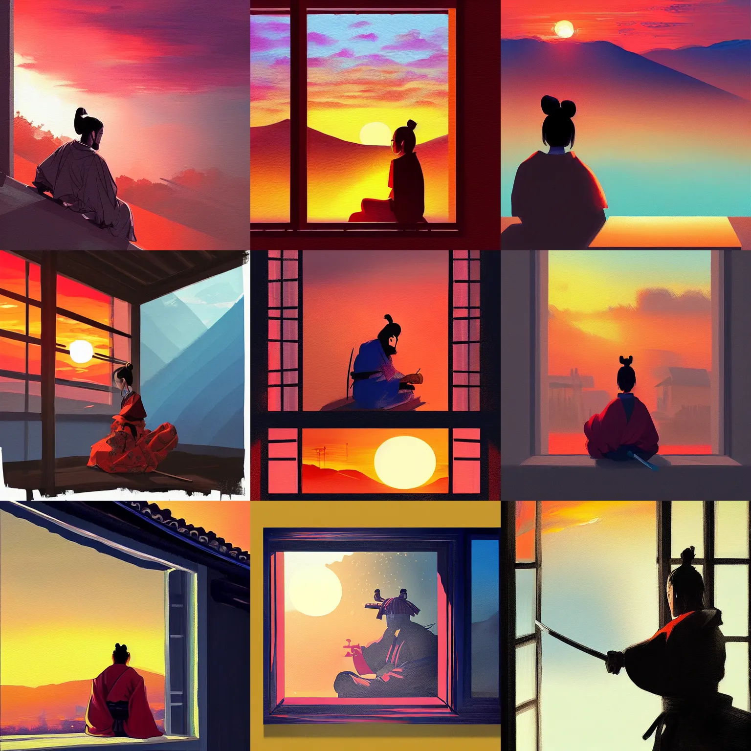 Prompt: a beautiful painting of a samurai sitting on a window at sunset, by alena aenami, featured on artstation