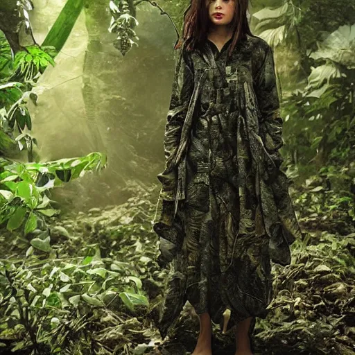 Image similar to female character wearing a camouflage dress by yohji yamaoto in a dense misty jungle the style of mamoru oshii