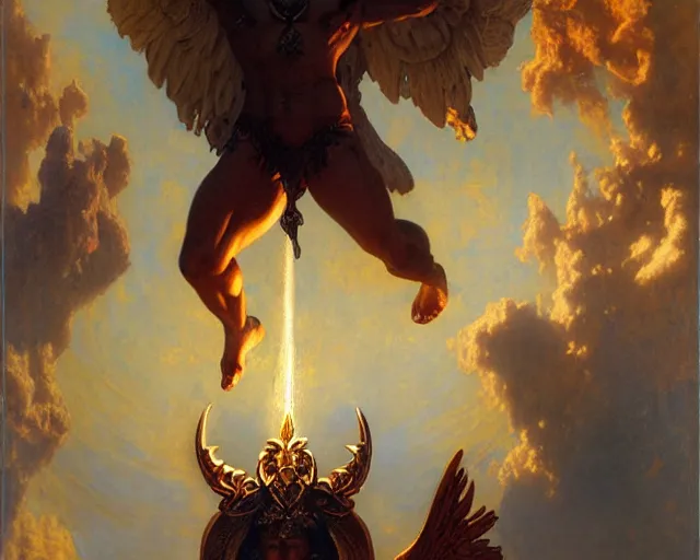 Image similar to monumental male deity, casting demonic magic, summoning handsome lucifer morning star. highly detailed painting by gaston bussiere, craig mullins, j. c. leyendecker 8 k