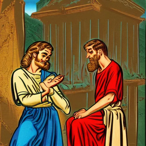 Prompt: 2d classic Bible, high detail, 1950s illustration style