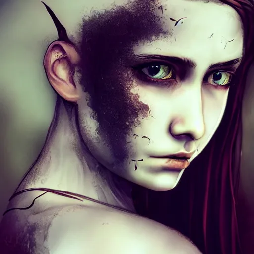 Prompt: girl, fantasy art, portrait, 1 6 yo, pale, large dark birthmark across half of face, pretty, medieval, tomboy, dark hair