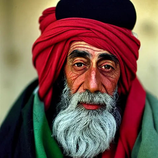 Image similar to portrait of president woodrow wilson as afghan man, green eyes and red scarf looking intently, photograph by steve mccurry