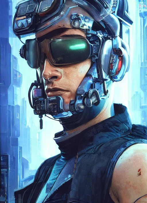 Prompt: cyberpunk space pilot character ( blade runner 2 0 4 9, dystopian, cyberpunk 2 0 7 7 character design ). attractive face. portrait by james gurney and laurie greasley and yoji shinkawa, oil on canvas. cinematic composition, hyper realism, realistic proportions, anatomy, dramatic lighting, photorealistic, high detail, 4 k