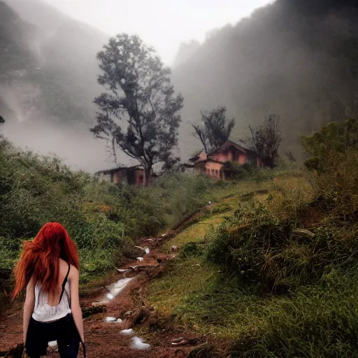 Image similar to define the character of a beautiful girl, messy long red hair, messy wet grey tribal clothes, short torn up pants, she is walking on a mountain and we see down in a deep valley a very poor old shanti town with wooden ruins, medieval time, heavy rain, late at night, mist, cinematic, 8 k,