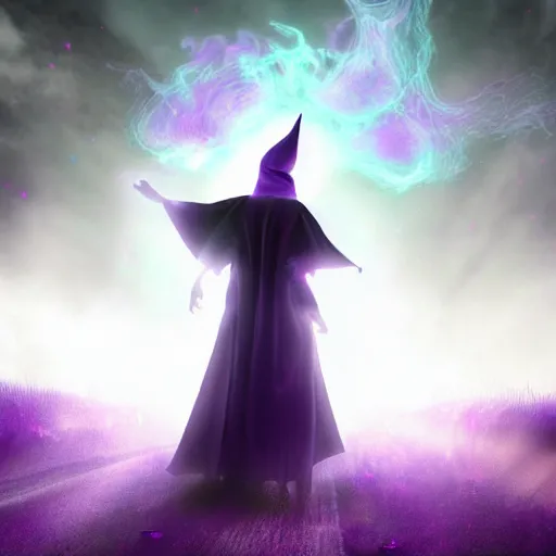 Image similar to luminescent purple wizard, realistic style, female, dark background, volumetric fog, 4K