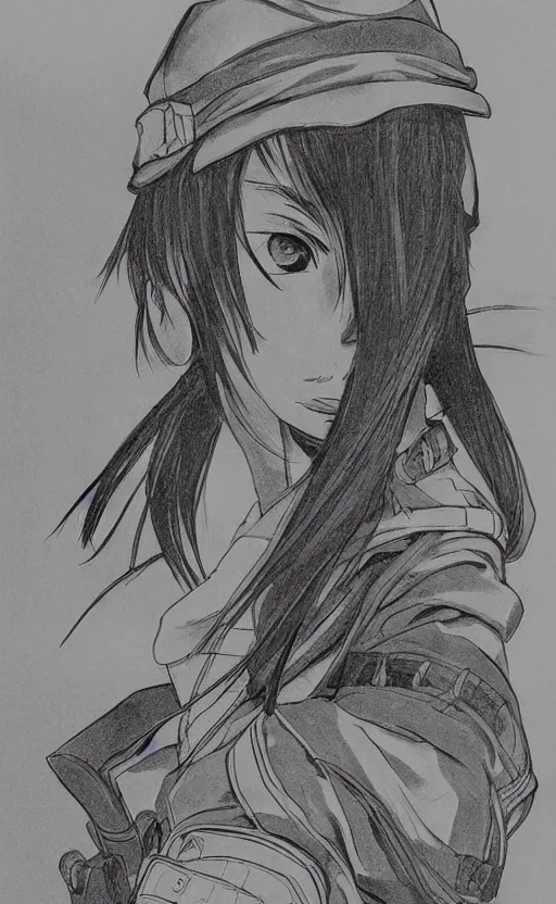 Image similar to manga style, black and white, intricate line art, portrait of a girl, shoulder eyes, trench and sandbags in background, soldier clothing, short hair, hair down, symmetrical facial features, round face, draw on paper, detailed drawing, by ito junji