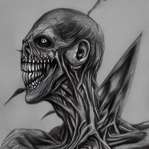 Image similar to a detailed pencil drawing of a nightmarish decaying flying zombie with claws and black holes in reality, trending on artstation