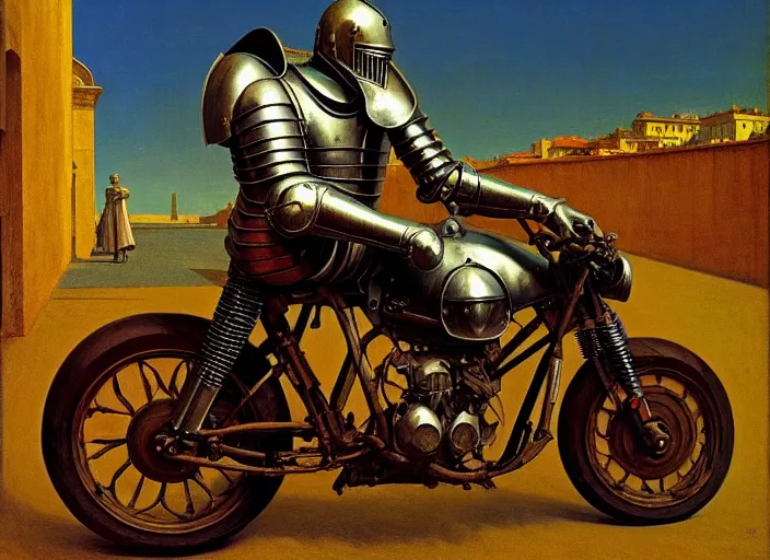 Image similar to knight in armor sitting on a motorcycle, rome, highly detailed, soft lighting, elegant, works by edward hopper and james gillard, zdislaw beksinski, stephen outram, andreas m wiese, highly detailed