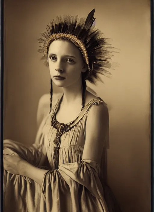 Image similar to portrait of young woman in renaissance dress and renaissance headdress, art by sally mann