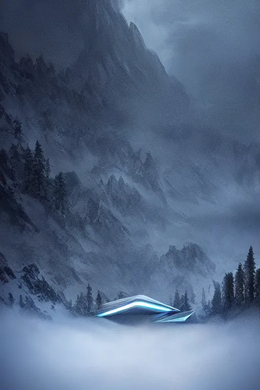 Image similar to a futuristic scene in front of a zaha hadid building in the forrest of the french alps mountains in the style of chris moore, stormy weather with lightning, neon lightning, cinematic matte painting, extreme detail 8 k photo quality, dark moody colors, snowfall, featured on behance