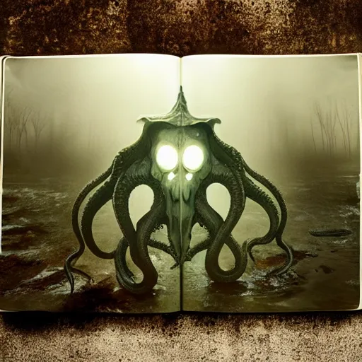 Image similar to invoking ritual of a cthulhu in a large landscape, photography by annie leibovitz