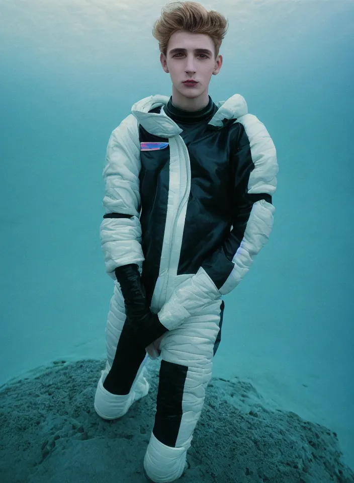 Image similar to high quality pastel coloured film portrait photograph of one beautiful young 2 0 year old male, soft features, short hair, wearing perspex space suit and oversized inflated clothing!! icelandic black rock pool environment. atmospheric three point light. photographic. art directed. ( pastel colours ). volumetric. clearcoat. waves. 8 k. filmic.