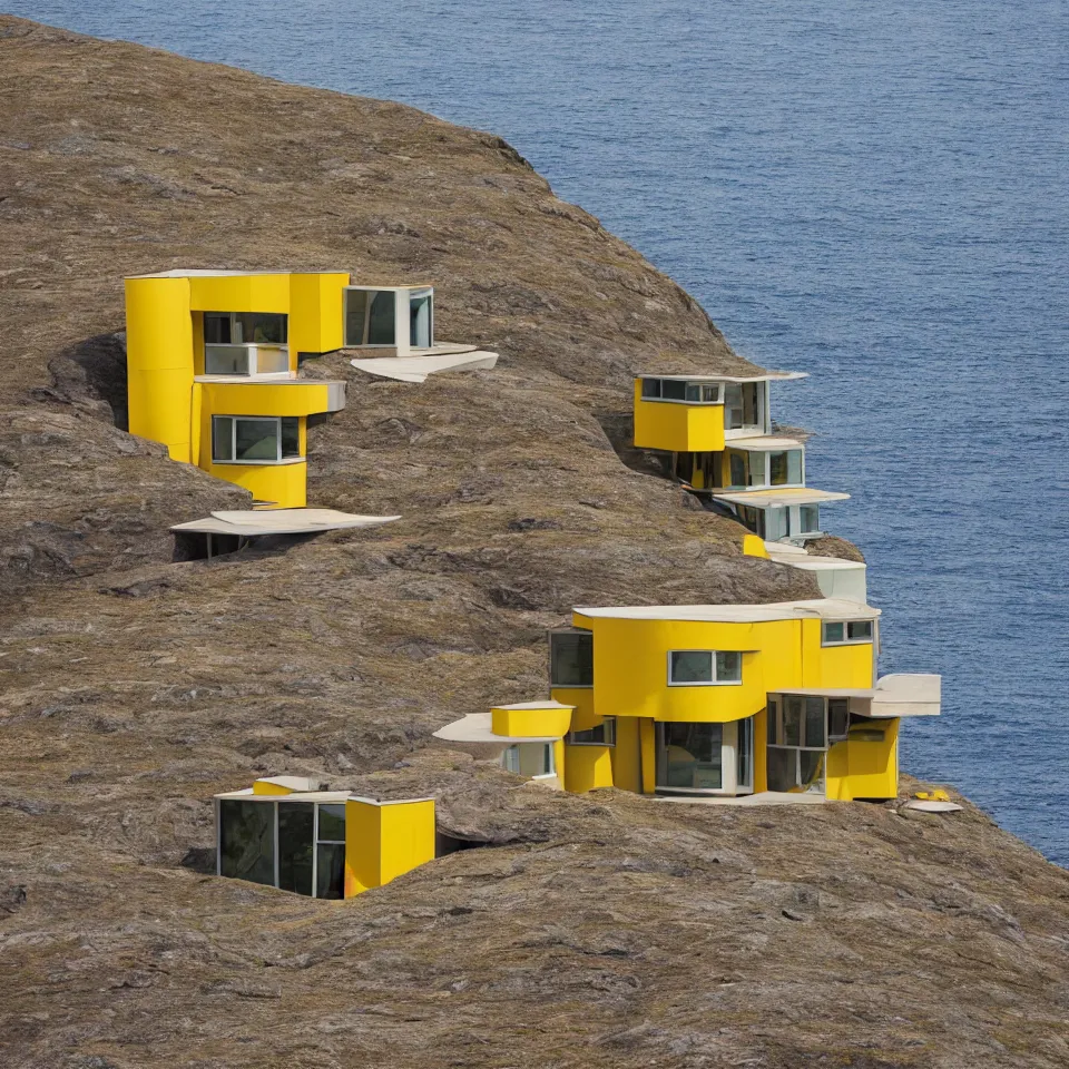 Image similar to a mid-century modern house on top of a cliff in the arctic, designed by Frank Gehry, with a long pathway toward it. Big tiles. Film grain, cinematic, yellow hue