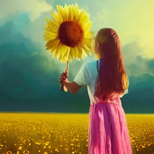 Image similar to giant daisy flower head, portrait of girl in flower field, holding daisy, surreal photography, sunrise, impressionist painting, colorful clouds, digital painting, artstation, simon stalenhag, flower face