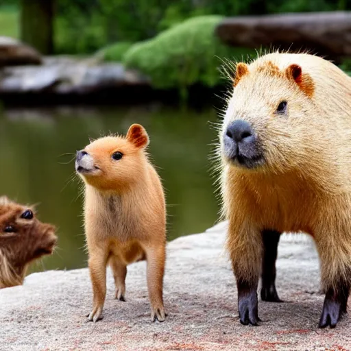 Prompt: capybara standing next to a pond with a cavachon standing beside the capybara