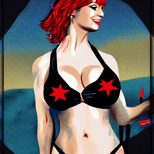Image similar to christina hendricks with cow girl bikini, digital art