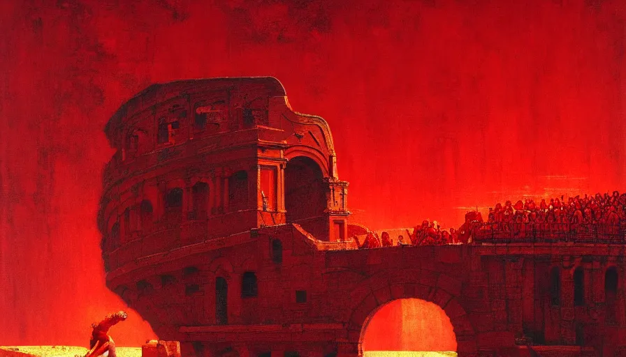 Image similar to only with red, a lightly armored gladiator in a crowded roman amphitheatre, crowd cheering, in the style of beksinski and edward hopper and rodcenko and yue minjun and cory loftis, intricate and epic composition, red by caravaggio, highly detailed, masterpiece, red light, artstation, art nouveau