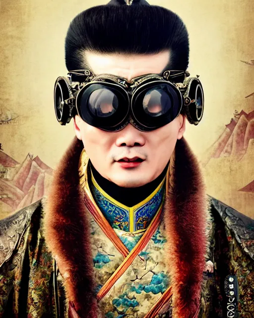 Image similar to photo of a Dramatic Peking Opera male character wearing MadMax style steampunk goggles and accessories in the style of stefan kostic, realistic, sharp focus, symmetric, 8k high definition, insanely detailed, intricate, elegant, art by stanley lau and artgerm, William-Adolphe Bouguereau