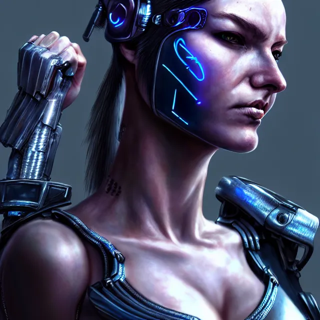 Image similar to cyberpunk female warrior, highly detailed, 8 k, hdr, award - winning, trending on artstation, clayton crain, photorealistic