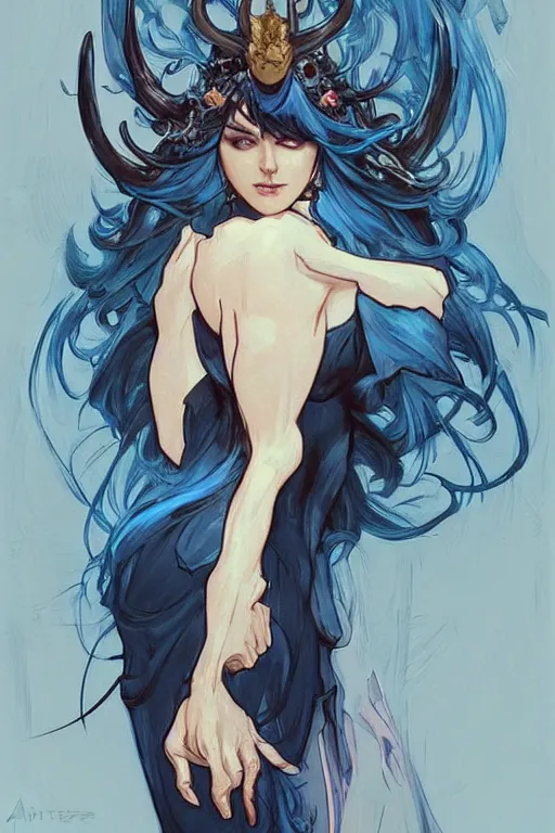 Image similar to fullbody!! dynamic action pose illustration, art by artgerm and greg rutkowski and alphonse mucha, beautiful woman with blue hair, antlers on her head, long flowing intricate black dress, dnd, face, fantasy, intricate, elegant, highly detailed, digital painting, artstation, concept art, smooth, sharp focus,