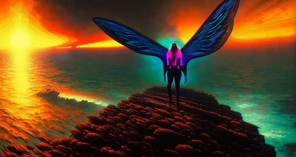 Image similar to psychedelic tron wings in front mind bending sunset, cliffside ocean scene, backlit, aesthetic, surreal, diffuse lighting, hyper realistic, elegant, intricate, hyper detailed, smooth, sharp focus, concept art, illustration, trending on artstation, art by artem demura, greg rutkowski, james gurney, and alphonse mucha