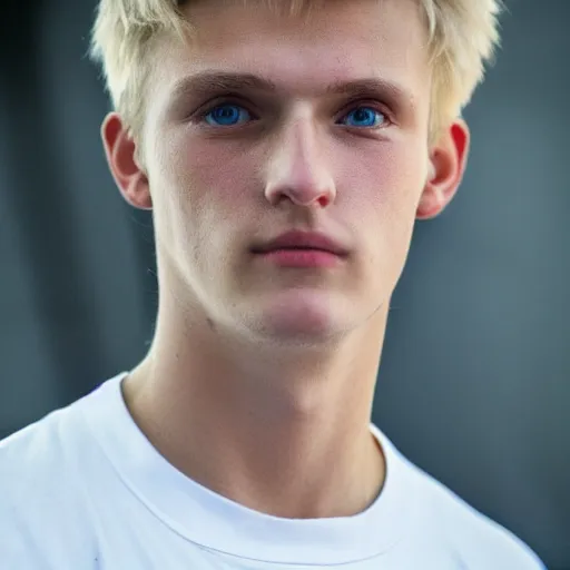 Image similar to an close - up photo of an american 2 0 yo man wearing a white shirt and black tracksuit, blonde hair, blue eyes, small blond goatee, biggish nose