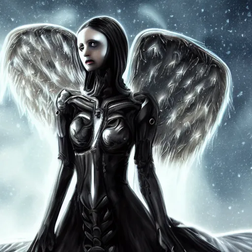 Prompt: portrait gothic girl hybrid cyborg angel wearing cybor clothes shaping the universe, eerie, cinematic, epic, 8 k, high detail, concept art, ultra realistic, rendered by awesomeness. | nights falling wind is blowwing snow is pilling concept art. | backround of beautiful