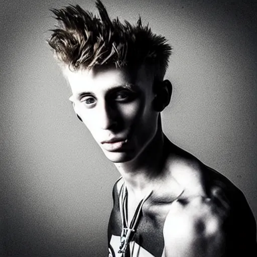 Image similar to “a realistic detailed photo of a guy who is an attractive humanoid who is half robot and half humanoid, who is a male android, rapper Machine Gun Kelly, shiny skin, posing like a statue, blank stare”