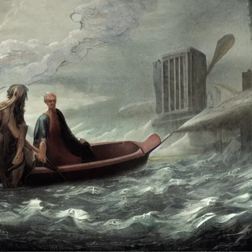 Prompt: charon and a banker in a reaper boat in the river styxx with submerged buildings in the background