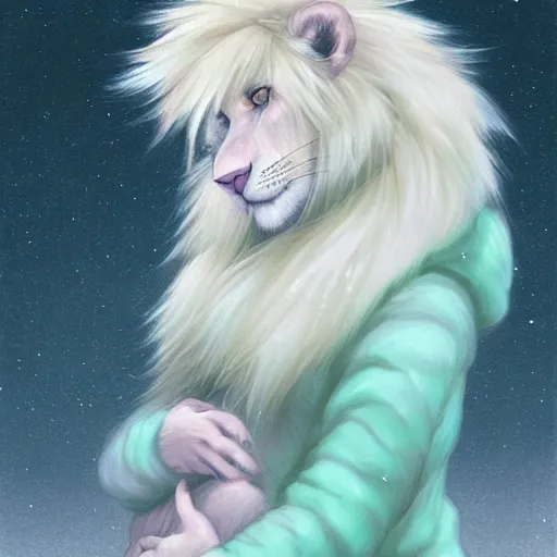 Image similar to aesthetic portrait commission of a albino male furry anthro lion wearing a cute mint colored cozy soft pastel winter outfit, winter atmosphere. character design by charlie bowater, ross tran, artgerm, and makoto shinkai, detailed, inked, western comic book art, 2 0 2 1 award winning painting